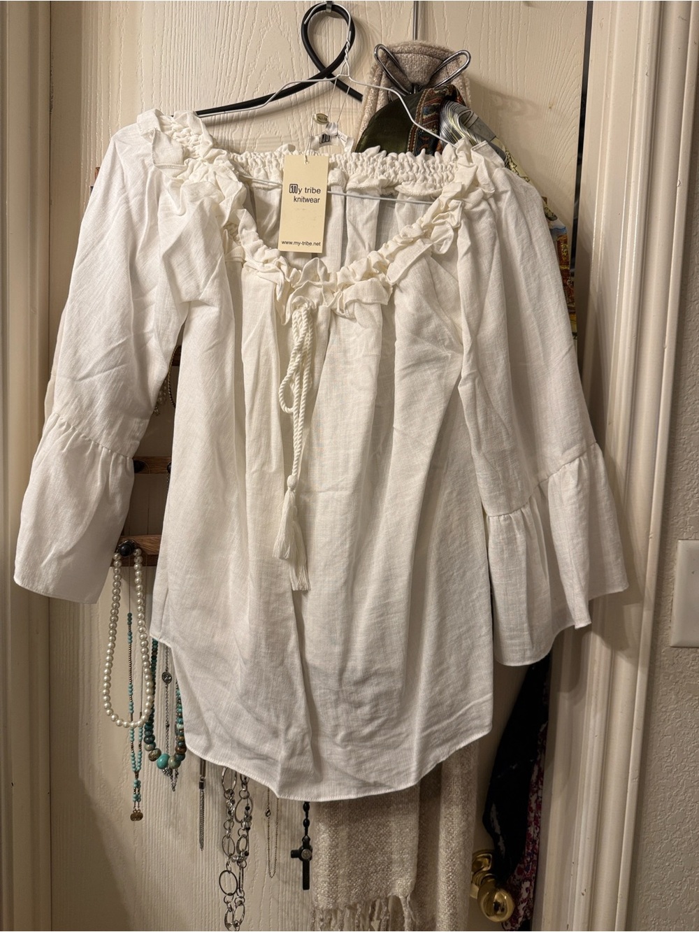 My Tribe White Peasant Blouse with Tie Neck and Ruffle